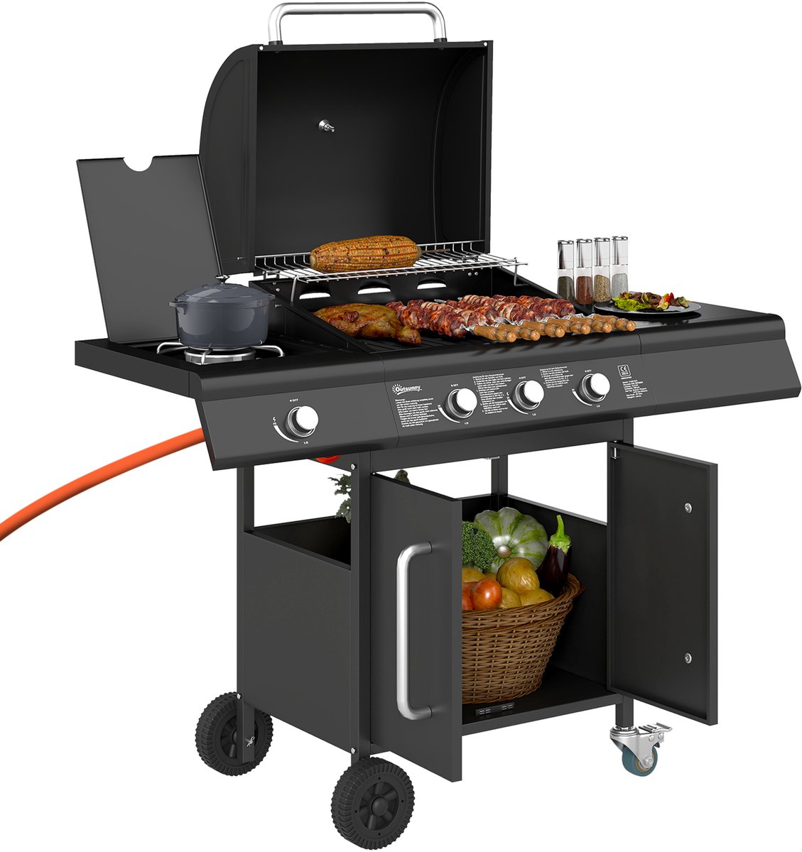 Outsunny - Gasbarbecue - Staal - 118,5L x 56B x 110H cm - Zwart