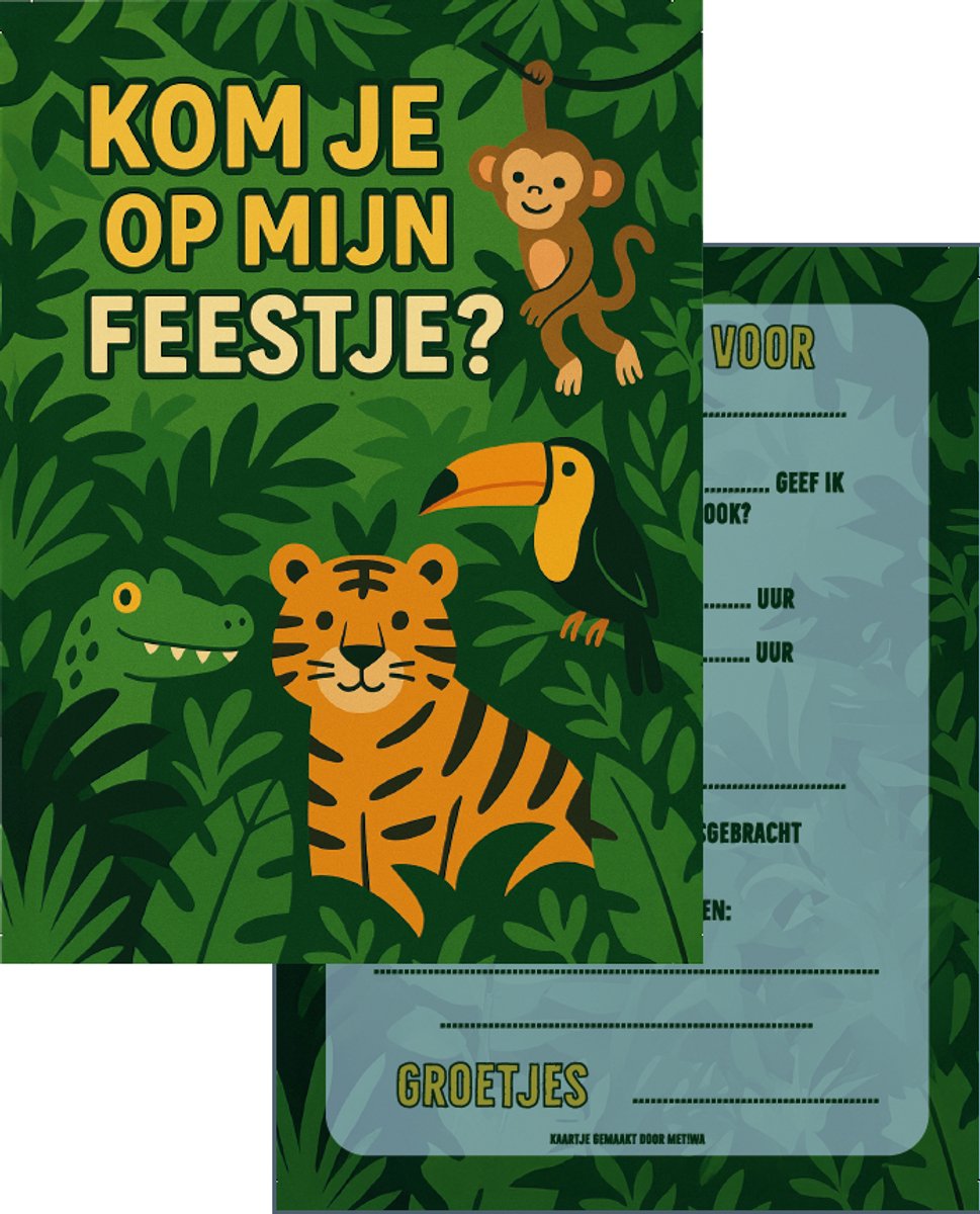 METIWA - Uitnodiging Kinderfeestje Jungle - 10 stuks - Uitnodigingskaarten - Uitnodiging Verjaardag - Uitnodiging Kinderfeestje Jungle - Uitnodiging Jungle - Uitnodigingskaarten Dieren