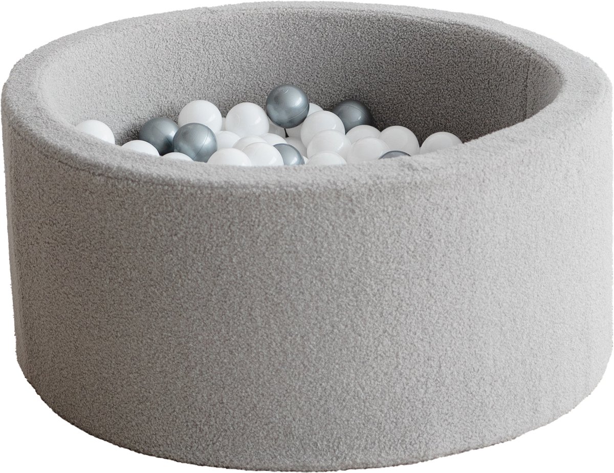 Ballenbad - Bouclé - 90x40cm - Grijs met 200 ballen: 1.wit en 5.zilver