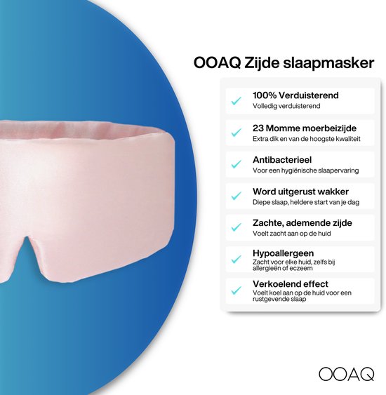 OOAQ zijden slaapmasker roze. 100% verduisterend, 23 momme, antibacterieel, verkoelend.
