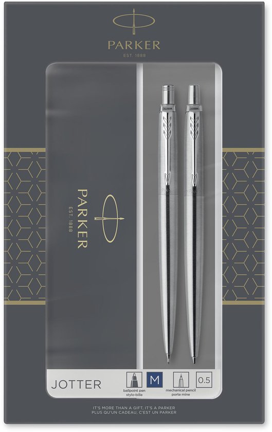 Parker Jotter duo geschenkset balpen en vulpotlood (0.5mm) - blauwe inkt - roestvrij staal met chromen afwerking