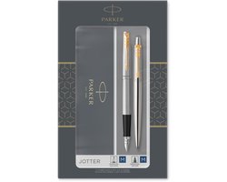 Parker Jotter Duo geschenkset met balpen en vulpen | roestvrij staal met gouden trim | blauwe inktvulling en patronen | geschenkverpakking