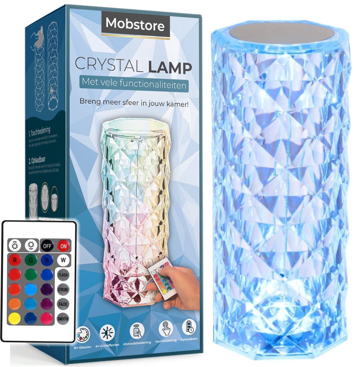 Crystal lamp – Crystal Lamp - Kristal Lamp - Draadloos - Luxe tafellamp met kristal effect – Sfeerlamp met afstandsbediening en touchbediening – Kristal lamp – Oplaadbaar – Diamond lamp - Mobstore
