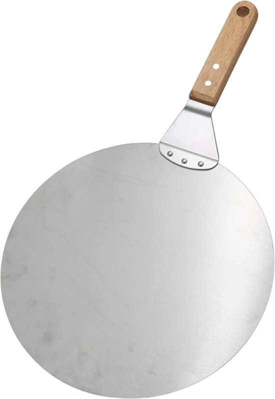 RVS pizzaspade met lichtbruin houten handvat, geïsoleerd op witte achtergrond.