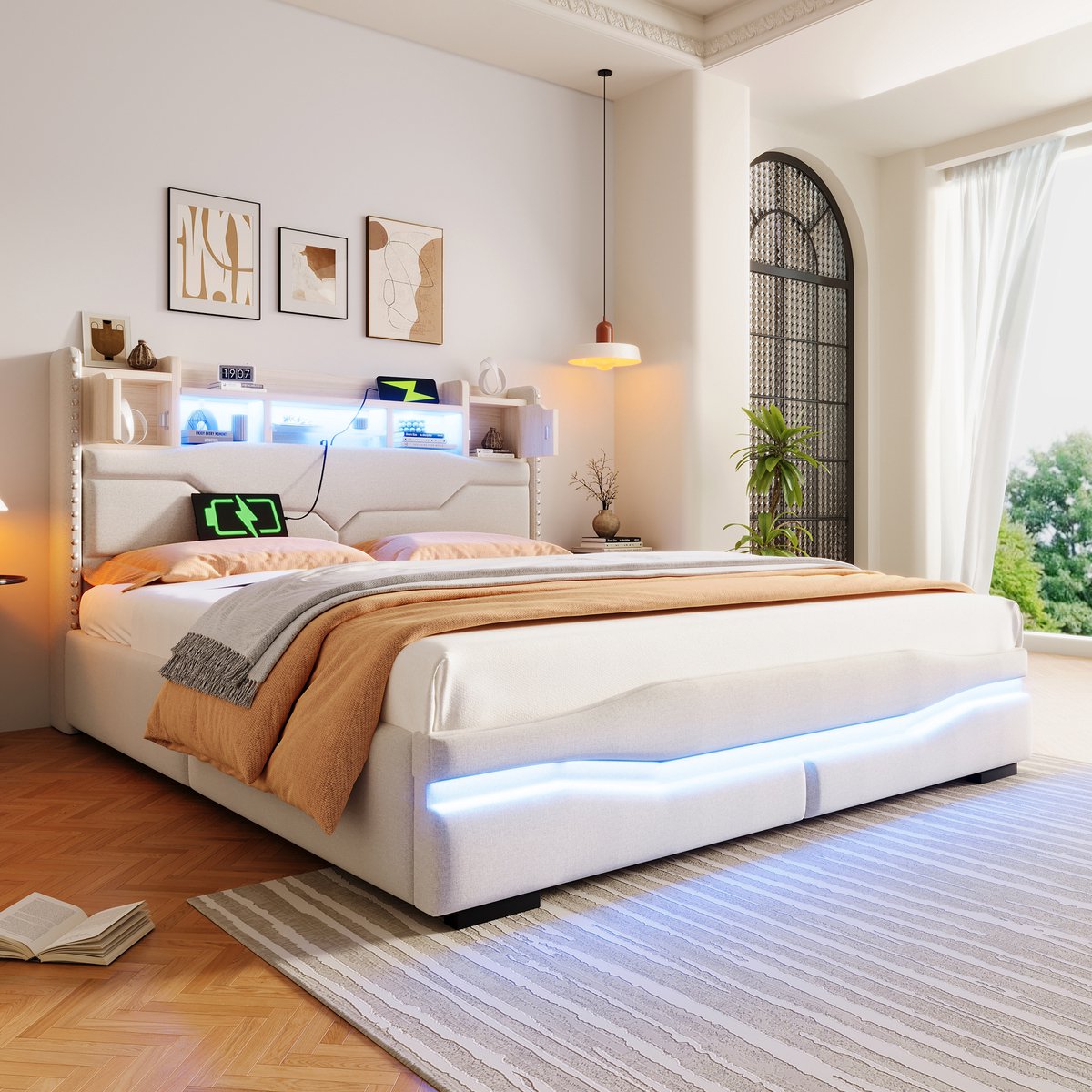 Gutent Gestoffeerd bed - 160x200 cm - met USB-oplaadcontact - sfeerverlichting - met opbergvak - hydraulisch opbergbed - Zonder matras - Beige