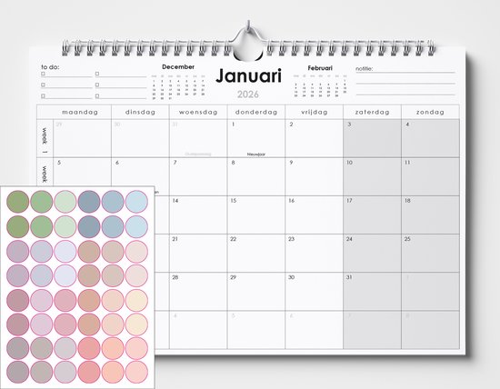 Kalender 2026 - A4+ - 48 morandi stickers - Spiraalgebonden