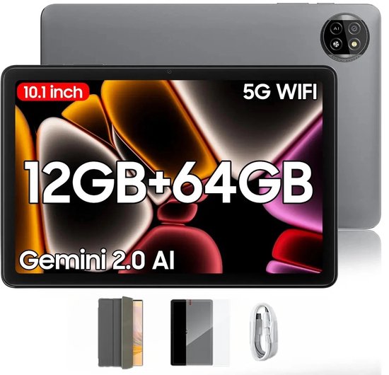 Blackview Tablet - Tab 20 WiFi Tablet - Met Hoes, Screenprotector - Android 15 - 12GB RAM + 64GB ROM(2TB Externe) - 10 inch HD Scherm - 6000mAh - Bluetooth 5G WiFi - Grijs