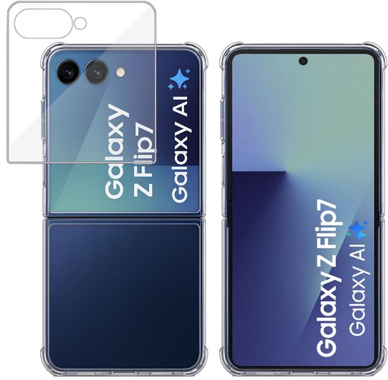 Coque et protecteur d'écran transparents pour Samsung Galaxy Z Flip7, avec gros plan de la protection.