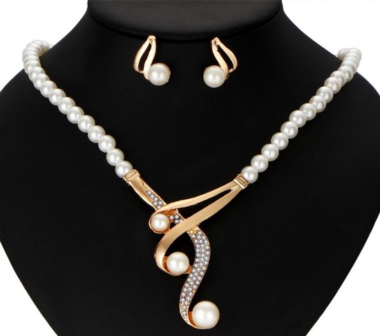 Parure de bijoux - Collier et Boucles d'oreilles - 2 pièces - Perle/Doré/Zircone