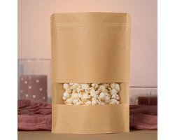 Blanco Traktatie Zakjes – 50 Kraft Papier Uitdeelzakjes met Venster | 16x26 cm | Lege Zakjes voor Popcorn of Bedankjes | Uitdeelzak van Papier