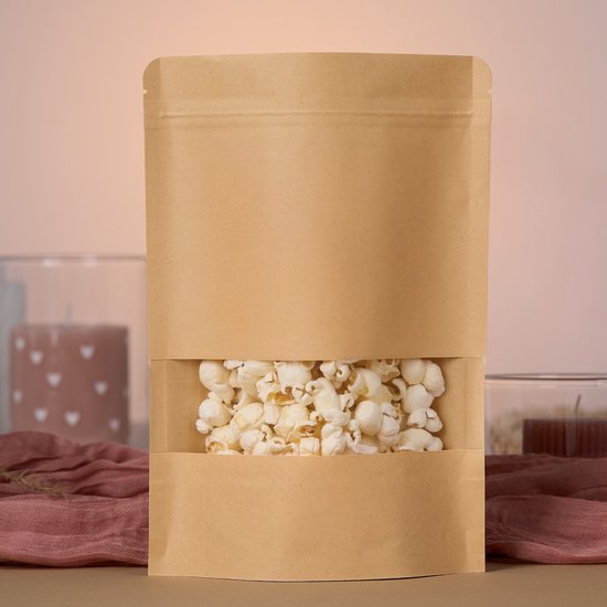 Blanco Traktatie Zakjes – 50 Kraft Papier Uitdeelzakjes met Venster | 16x26 cm | Lege Zakjes voor Popcorn of Bedankjes | Uitdeelzak van Papier