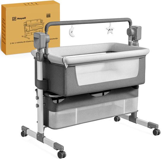 HAYALI® Elektrische Co sleeper- Babybedje -Elektrische schommelfunctie & afstandsbediening - aanschuifbedje met muziek & muggennet - kinderbedje-Tot 9 kg – Meegroeibed – Verstelbaar – Afneembare Bekleding