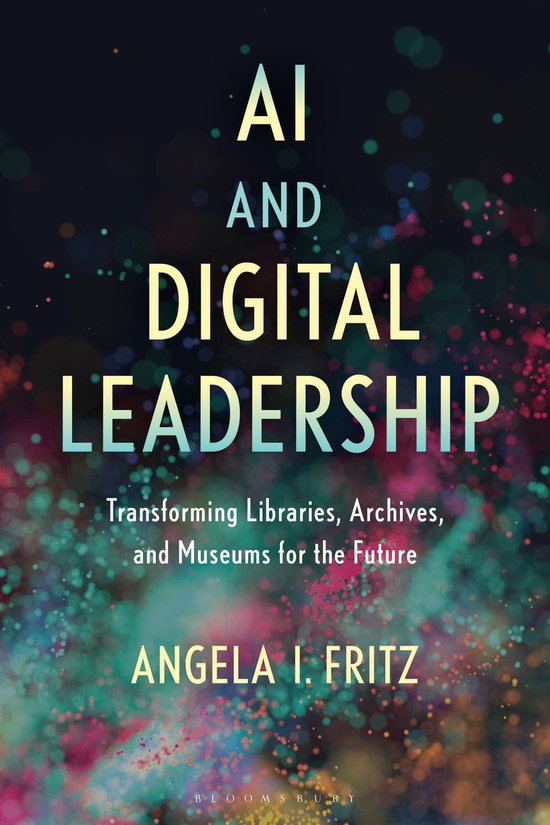 Boek 'AI AND DIGITAL LEADERSHIP' met tekst en kleurrijke abstracte achtergrond.