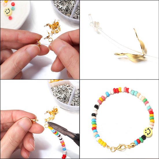 Collage met foto's van het maken van een kralenarmband, met voorbeeldproducten en de afgewerkte armband.
