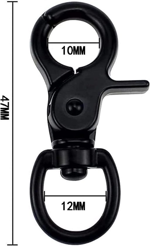 Zwarte draaibare karabijnhaak met afmetingen aangegeven: 47mm lang, 10mm en 12mm openingen.