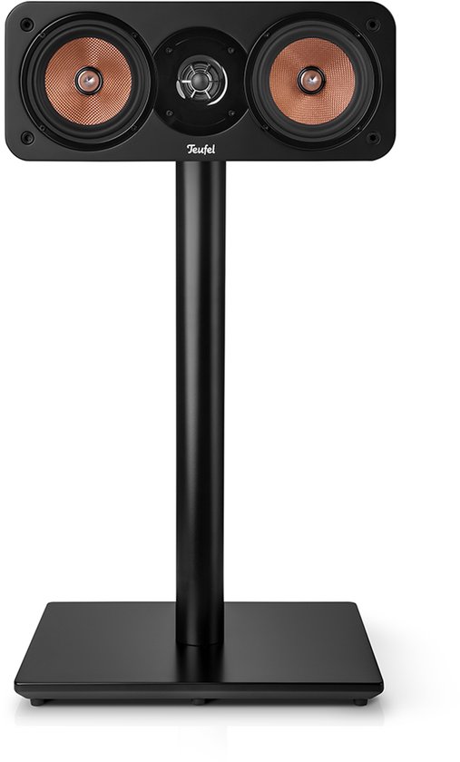 Zwarte center speaker met koperkleurige drivers, op een zwarte standaard.