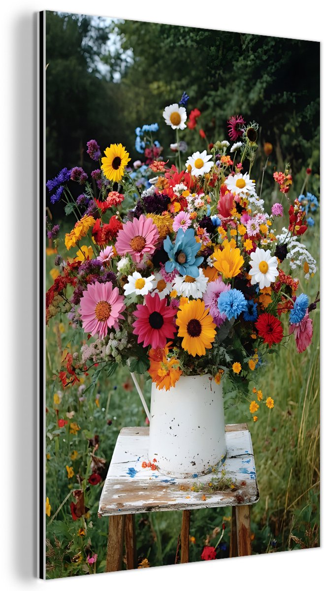 Aluminium schilderij 40x60 cm - Wanddecoratie metaal - Bloemen - Krukje - Gieter - Veld - 