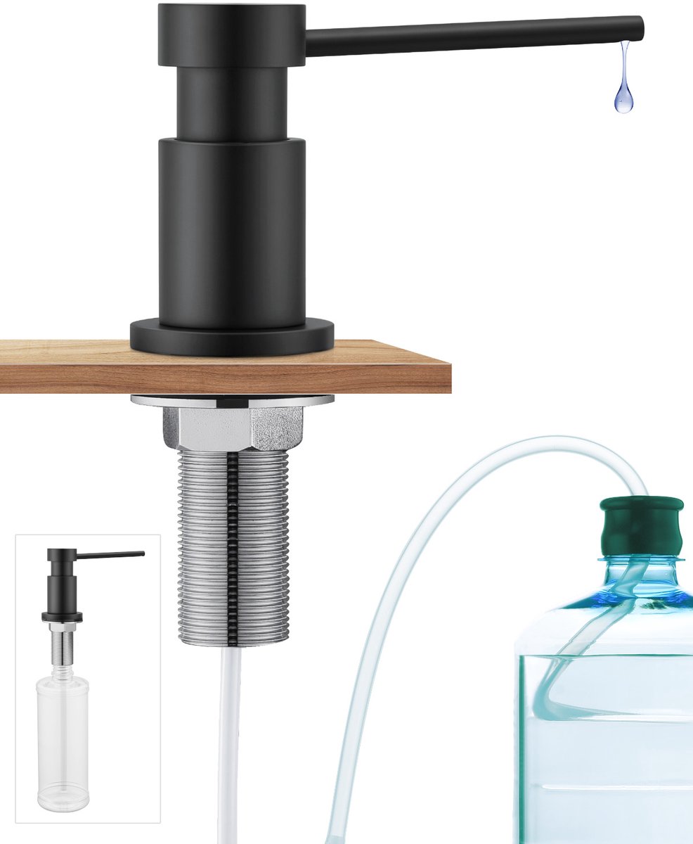 SOFETIY MAX Zeepdispenser met 304 Roestvrijstalen Moeren 300 ml fles en 1,25 m Verlengbuis van Silicone, Zwart