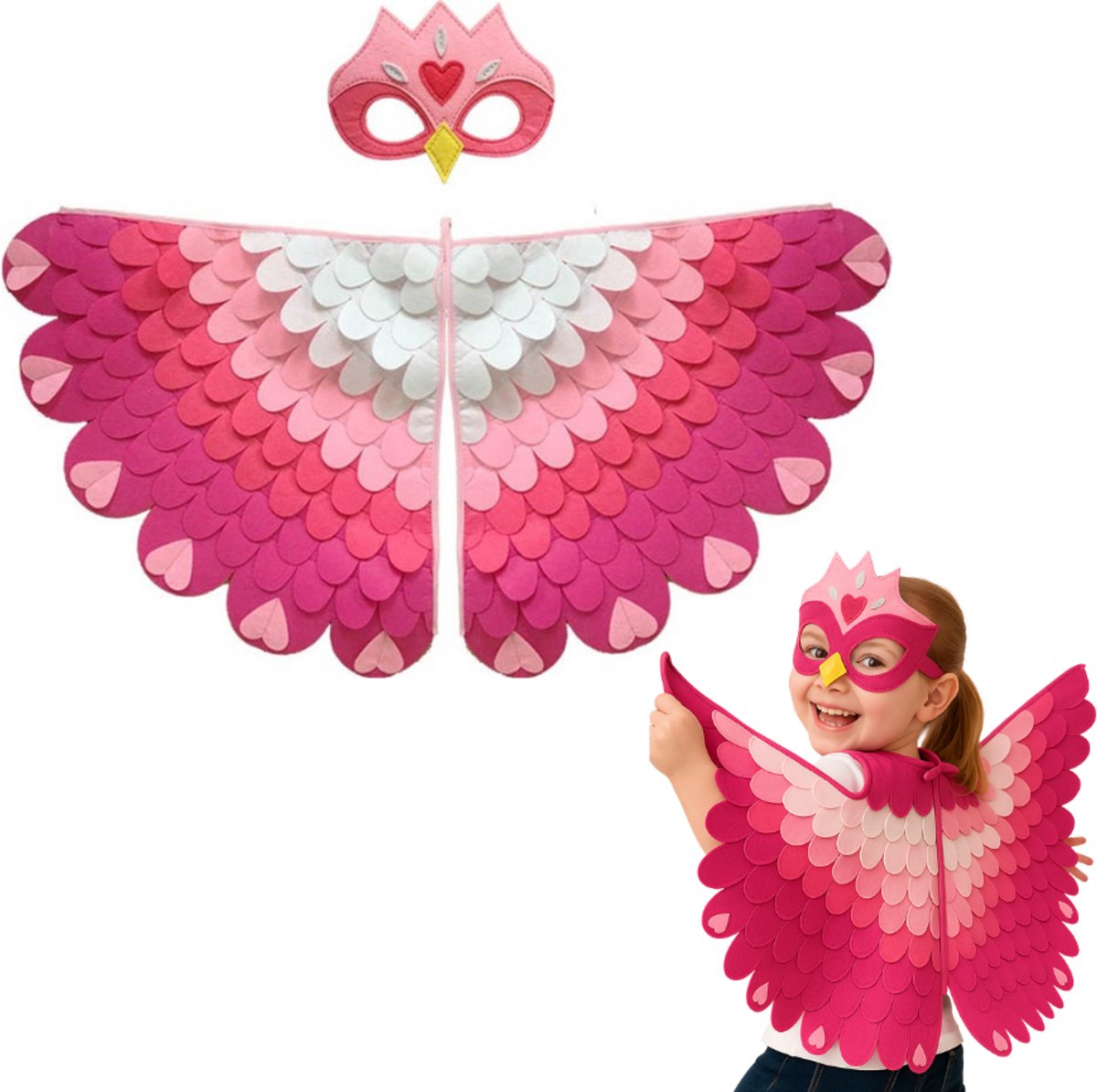 Joya Kids® Vogel Verkleedcape Masker Roze | Cape Masker van Vilt | Vilten Verkleedset | Verkleden Paradijsvogel | Verkleedkleding | Cape | Carnaval Halloween Outfit