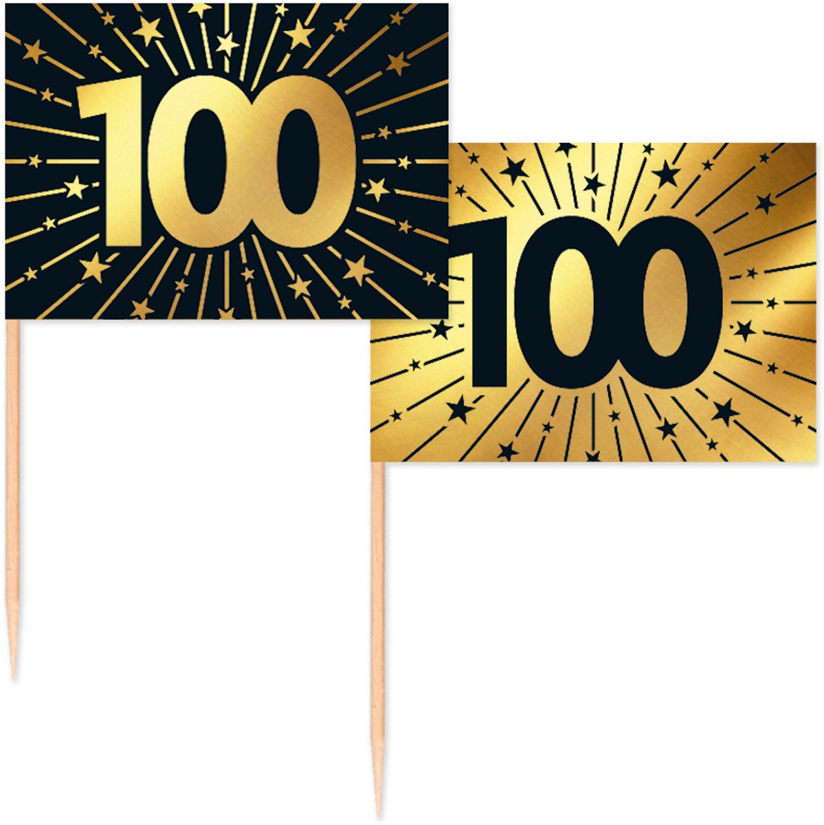 50 Vlagprikkers goud / zwart 100 jaar - Golden Celebrations - Hapjes Cocktailprikkers Tapas Prikkers Feestje
