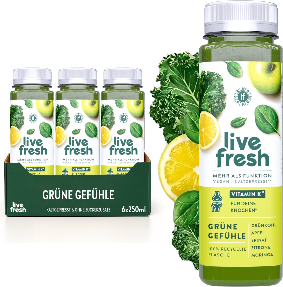 LiveFresh groentesap met vitamine K – koudgeperst sap zonder toegevoegde suiker – gemaakt met boerenkool, appel, spinazie & moringa – Grüne Gefühle – 24x250ml