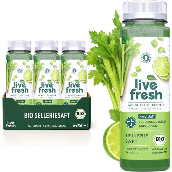 LiveFresh Biologisch selderijsap koudgeperst – 97% selderijsap, 3% limoensap zonder toegevoegde suiker – Groentesap met kalium, calcium en vitamine K – 6x250ml