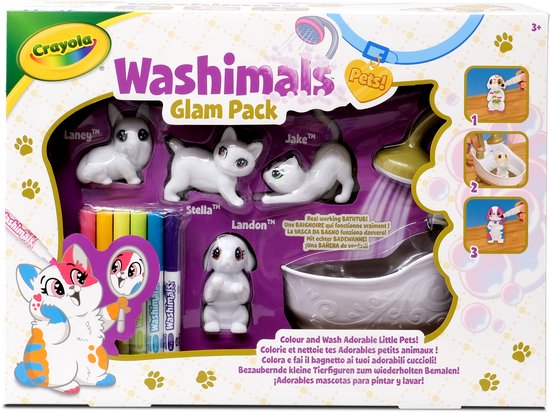 Crayola Washimals Glam Pack met 4 dieren en een badkuip. Bevat Laney, Stella, Landon, Jake en kleurpotloden.