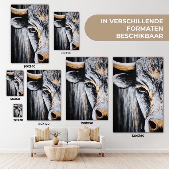 Tableau sur toile 80x120 cm - Décoration murale exclusive Taureau - Cornes - Museau - Or - Décoration murale salon - Décoration chambre - Accessoires chambre - Peintures sur toile