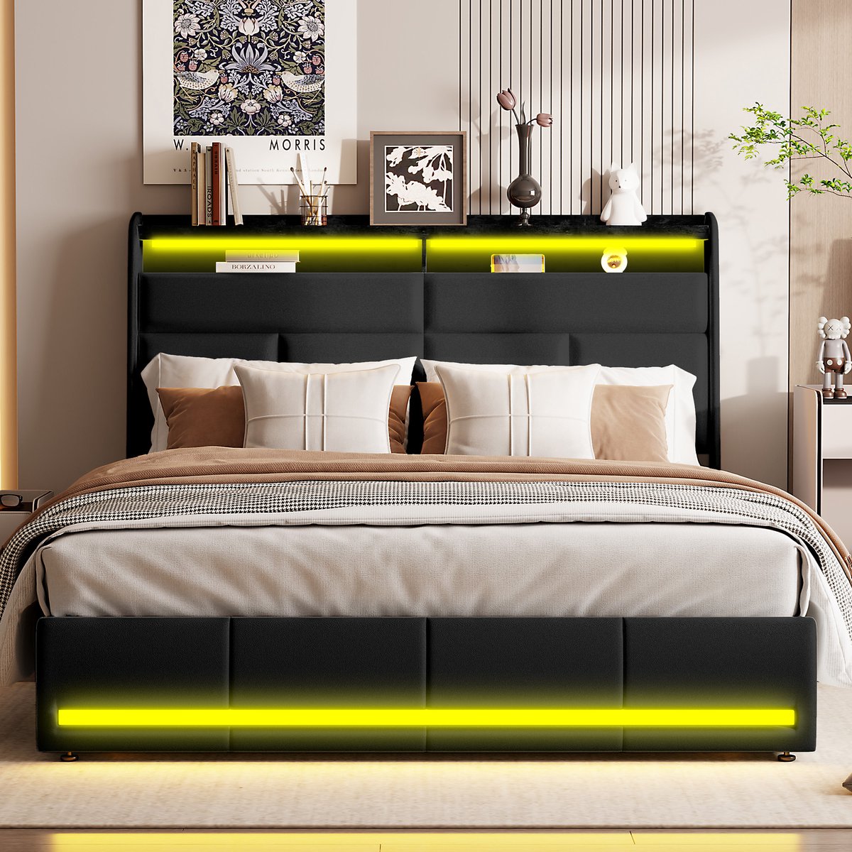 Tweepersoons bed 160x200 cm met LED - Gestoffeerd bed met lattenbodem en opberg-hoofdbord - Geschikt voor volwassenen en jongeren PU Zwart (zonder matras)