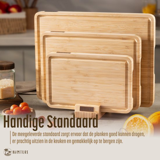 Namture Ensemble de planches à découper avec support – 3 Planches à découper – Design Uniek et Extra épais – Planche à découper en Bamboe de Premium – Antidérapante – Planche à boissons – Planche à tapas – Planche de service – Planche à fromage