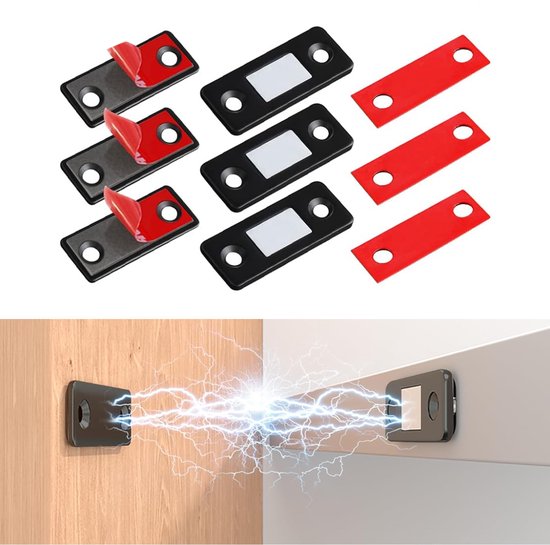 Zes zwarte magnetische sluitingen met 3M-stickers en vier rode sluitstrips, getoond als set en geïnstalleerd tussen twee deuren.