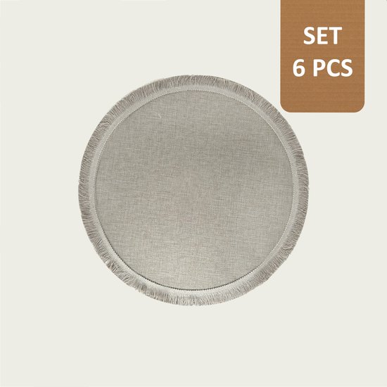 Arca TONDA - Placemats - Rond 39cm - Set van 6 - zandkleurig - met franjes aan de