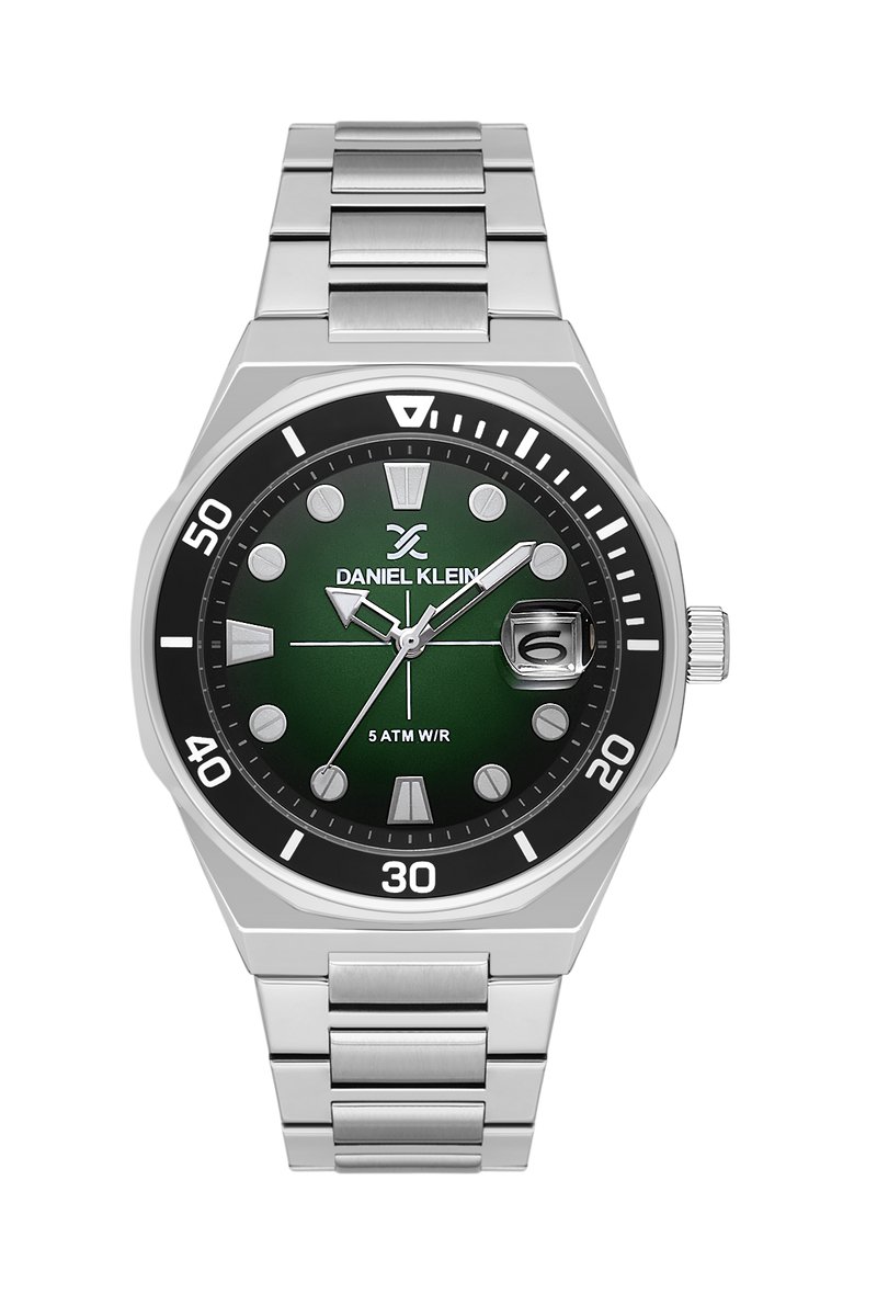 Daniel Klein DK.1.13989-4 - Horloge - Polshorloge - Analoog - Mannen - Heren - stalen band - Rond - Metaal - Streepjes - Stippen- Datumaanduiding - Zilverkleurig - Donkergroen - Zwart - Wit