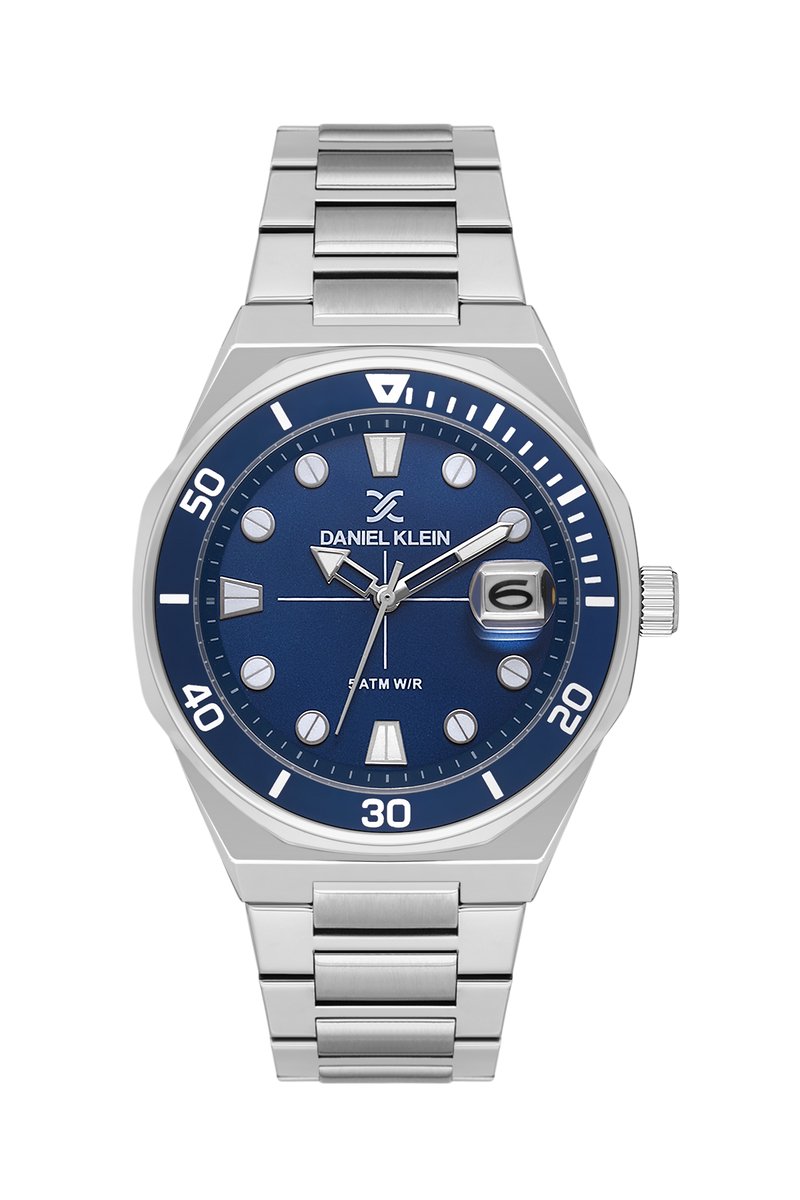 Daniel Klein DK.1.13989-2 - Horloge - Polshorloge - Analoog - Mannen - Heren - stalen band - Rond - Metaal - Streepjes - Stippen- Datumaanduiding - Zilverkleurig - Donkerblauw - Wit - Zwart