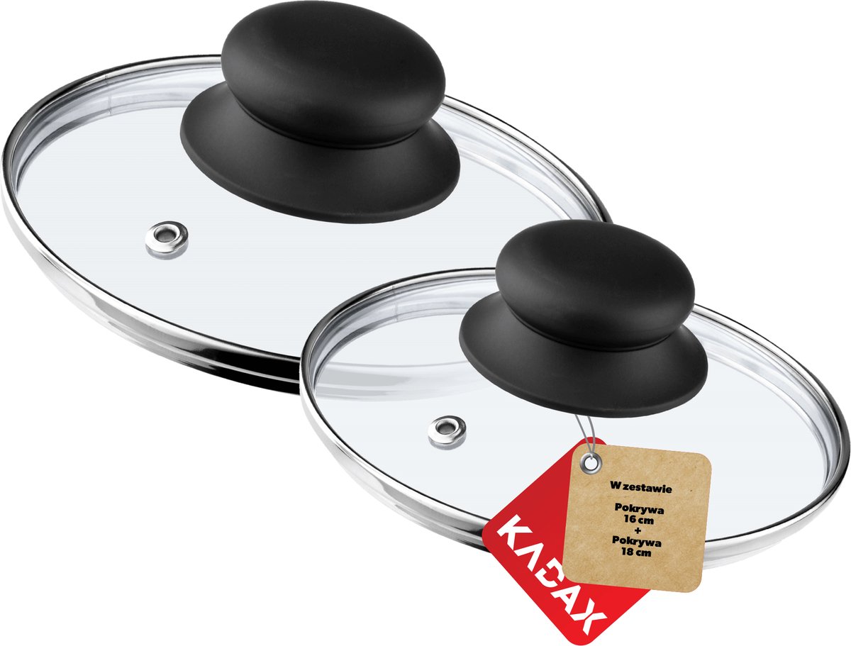 KADAX glazen dekselset, ingemaakte deksel gemaakt van glas, ?14-30 cm, warmtebestendig deksel voor pot, pan, pan deksel met handvat gemaakt van plastic, universeel deksel (16+18 cm)