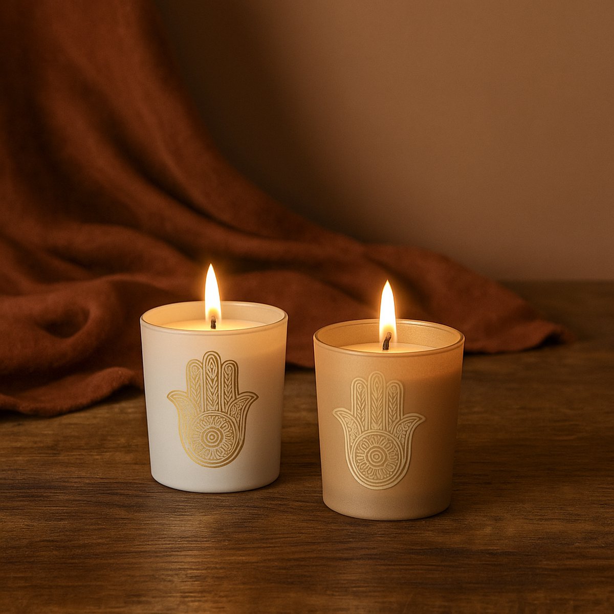 Luxe Geurkaarsenset met Hamsa Design – 7 Stuks – Rose, Oud & Musk Geuren – Decoratieve Kaarsen in Cadeaubox – Spirituele Sfeerkaarsen voor Ontspanning of Geschenk – Beige/Wit — cadeau in Wonen & Interieur - foto 3