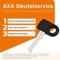 Instructieposter voor AXA sleutelservice met een sleutel en tekst in het Nederlands. Stappen: "Pak je sleutelnummer erbij", "Voer het nummer in", "Regel de bezorging".