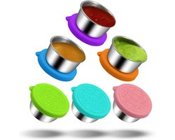 foto van SNQ Voedselcontainers - 6 stuks roestvrijstalen sauscontainers - Kleine potjes met siliconen deksels - Sauscontainers - Lekvrije voedselcontainers - Herbruikbare roestvrijstalen sausbekers - Ideaal voor lunchboxen, picknicks en reizen