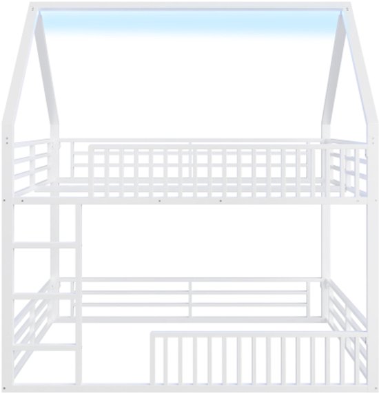 Moimhear Stapelbed met trap en glijbaan, huisbed, trap met opbergruimte, frame van grenenhout en MDF, kinderbed met raam en dak, met valbeschermingsrooster en lade, wit, 90 x 200 cm x 2