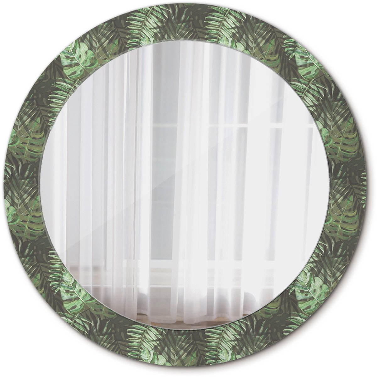 Tulup Spiegel - Ronde Spiegel - Spiegel op gehard Glas - Tropische bladeren - Diameter: 70 cm - Spiegel met decoratieve opdruk - Badkamerspiegel - Gangspiegel - Eetkamer - Groene - Scandinavisch Design - Stijlvolle Spiegel - Wandmontage
