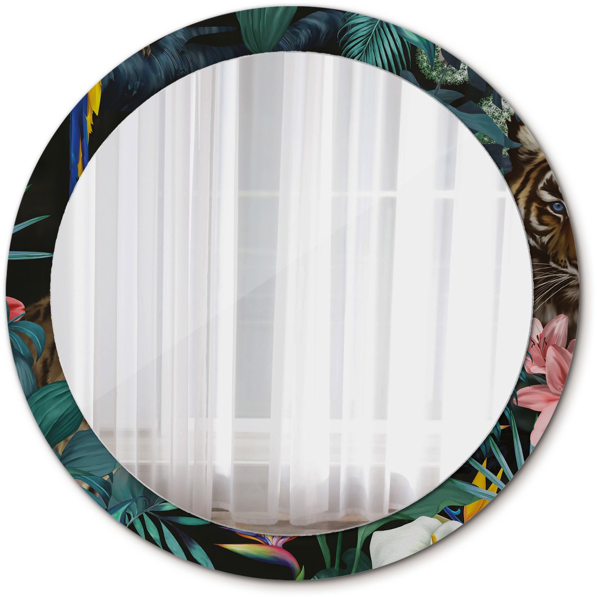 Tulup Spiegel - Ronde vorm Spiegel - op gehard Glas - Vintage jungle - Diameter: 90 cm - Spiegel met patroon - Slaapkamerspiegel - Badkamerspiegel - Make-upruimte - Kaptafel - Groene - Stijlvol accent - Eigеntijds Spiegel - Spiegelmontageset