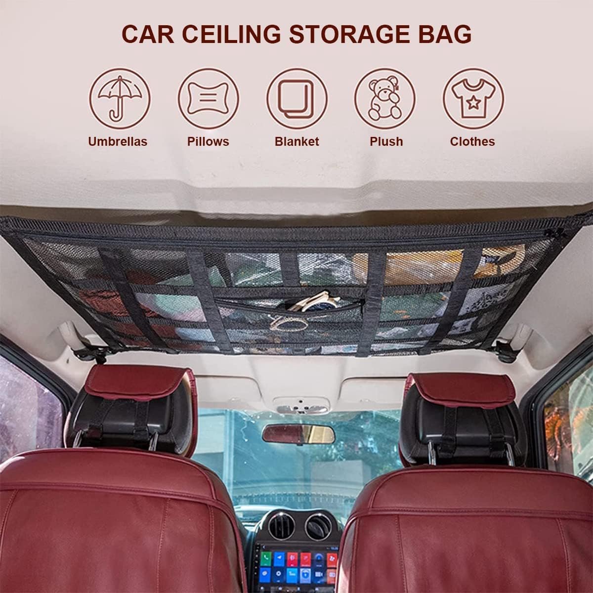 Opbergnet voor kofferbak autodak - Organizer-nettas - Kofferbaknet auto bagagenet -Kofferbak organizer auto - Bagagenet - Cargo organizer - Scheidingsnet - 90x60cm - Zwart – foto 2