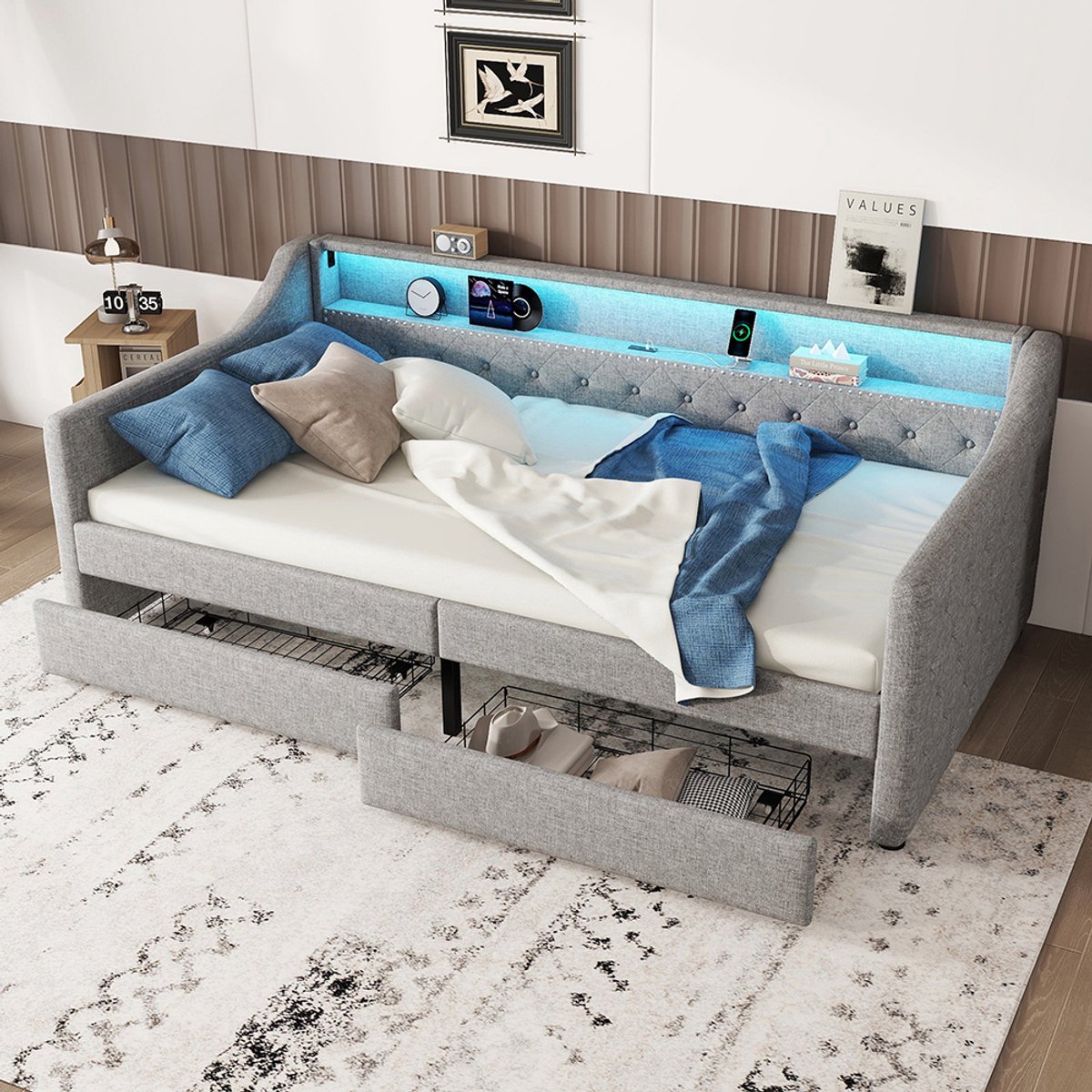 Pugsdrly Daybed, 90 x 200 cm, slaapbank, dagbed met lattenbodem (zonder matras), sfeerverlichting met afstandsbediening, bed met twee lades, USB-oplaadpoort, linnen, grijs