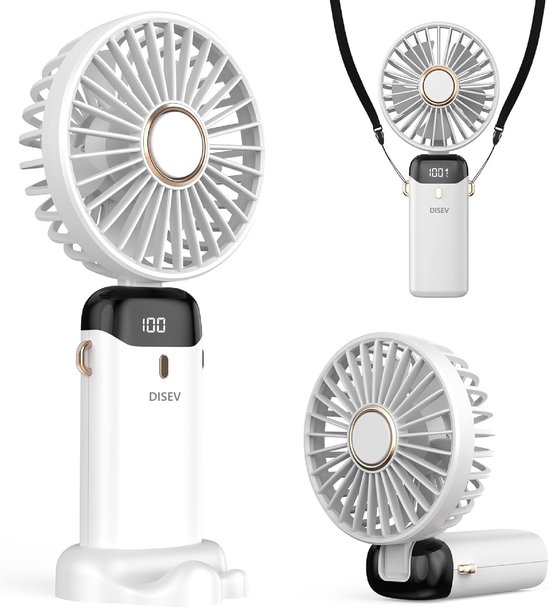 Handventilator wit opvouwbaar USB oplaadbaar 5 snelheden met staander telefoonhouder draagkoord compact