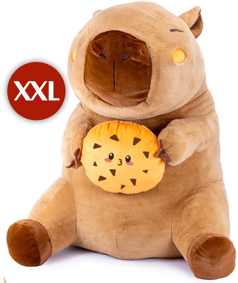 Capybara met Koekje Pluche Knuffel XXL 100 cm - Grote XXL Capibara Knuffels - Knuffeldier Knuffelvriend - Groot Bruin Dierenknuffel - Kapibara Kapybara - Speelgoed Kawaii Kussen TikTok Plush Toy