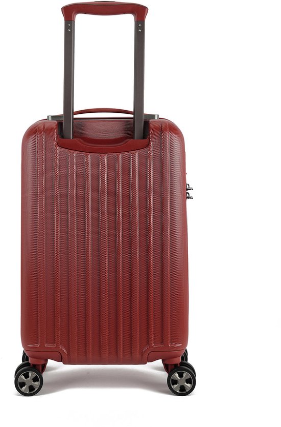 Arrière d'une valise cabine Decent rouge avec poignée rétractable et quatre roulettes.