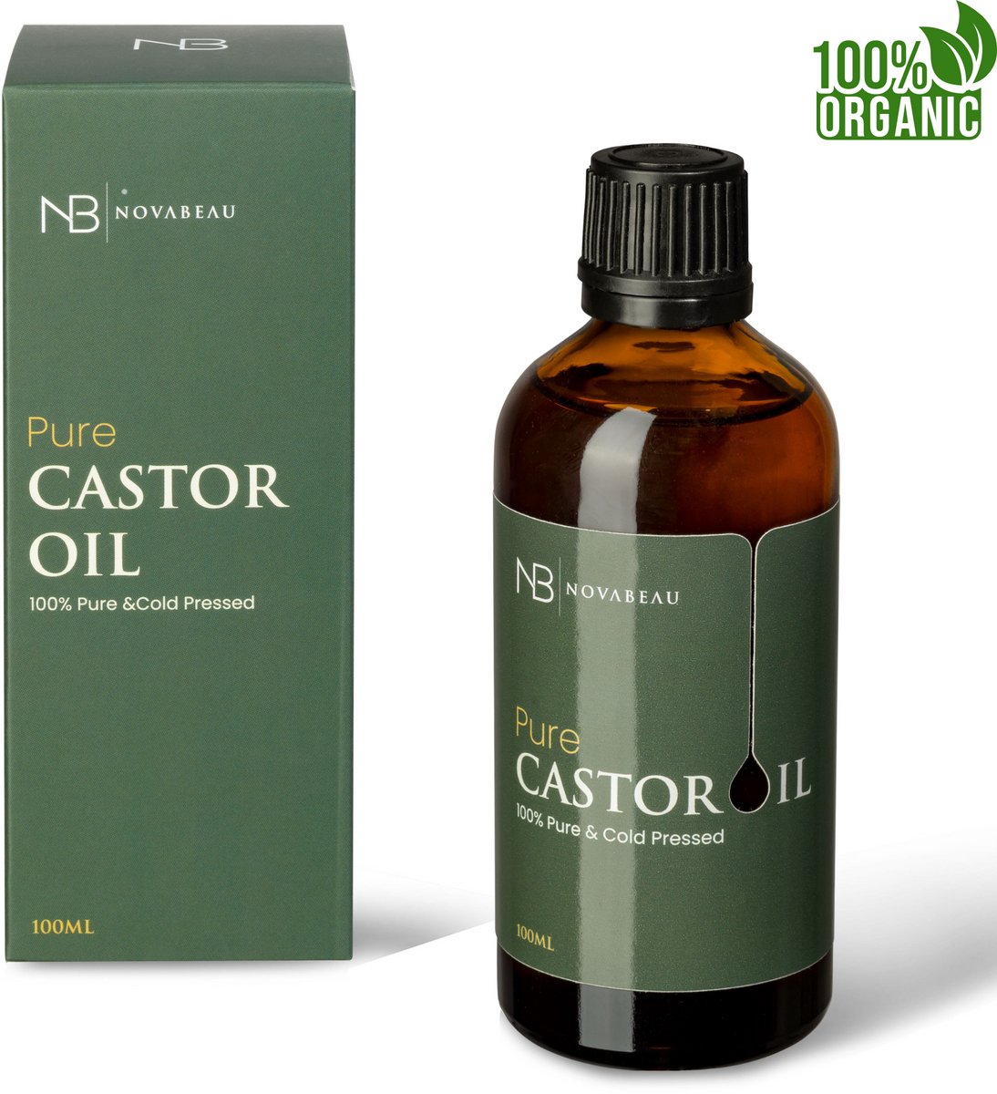 Novabeau Castor Olie - 100% Biologisch & Koudgeperst - Castor Oil voor Lichaam, Haar, Huid en Wimpers - Premium Kwaliteit - Wonderolie - Draagolie van 100ml
