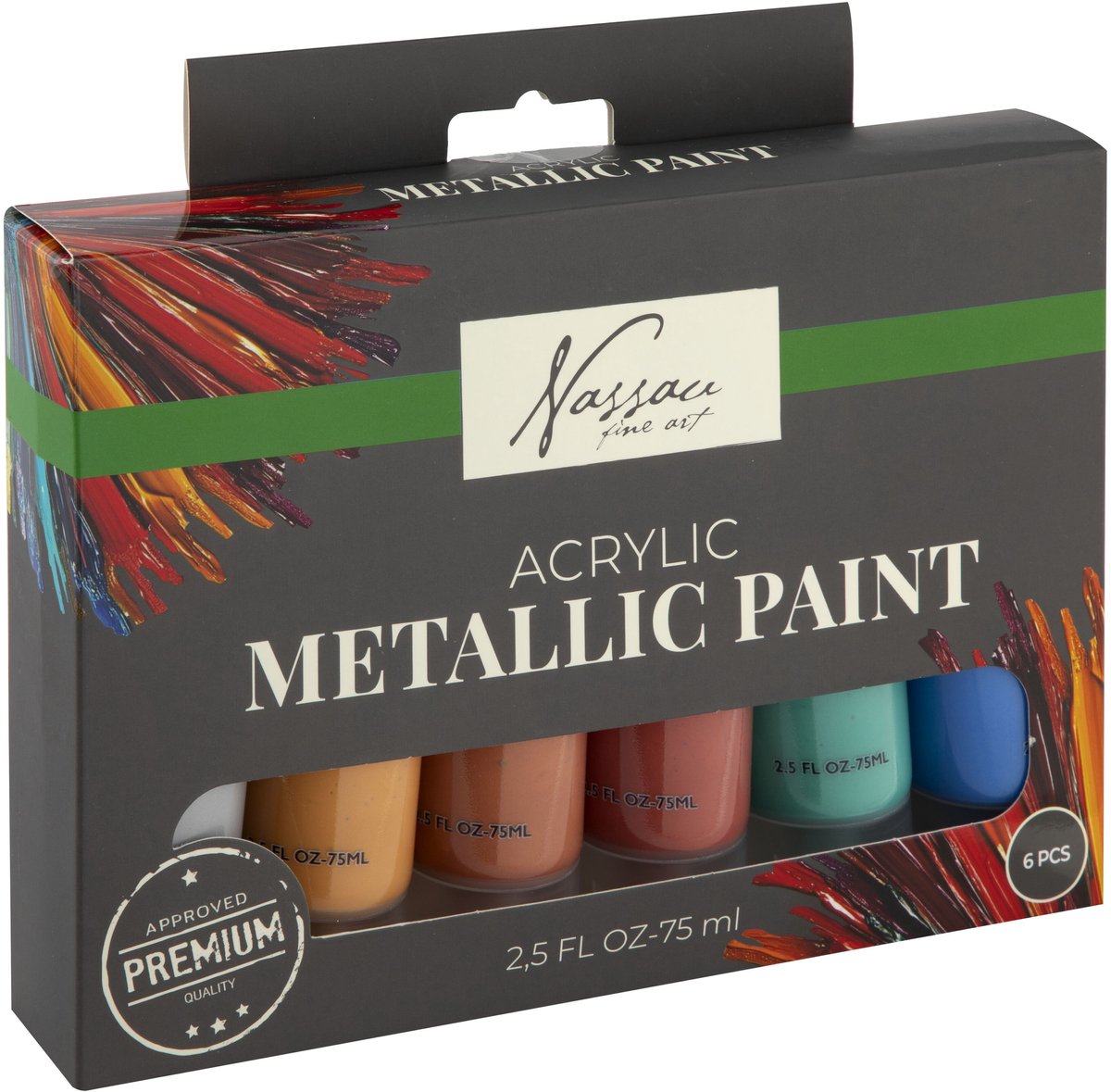 Nassau Fine Art Metallic Acrylverf Set – 6pcs 75ml Tubes – Hoogwaardige Metallic Verf voor Hobby – Dekking op Papier, Canvas, Hout, Steen en Meer