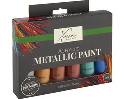 Nassau Fine Art Metallic Acrylverf Set – 6pcs 75ml Tubes – Hoogwaardige Metallic Verf voor Hobby – Dekking op Papier, Canvas, Hout, Steen en Meer