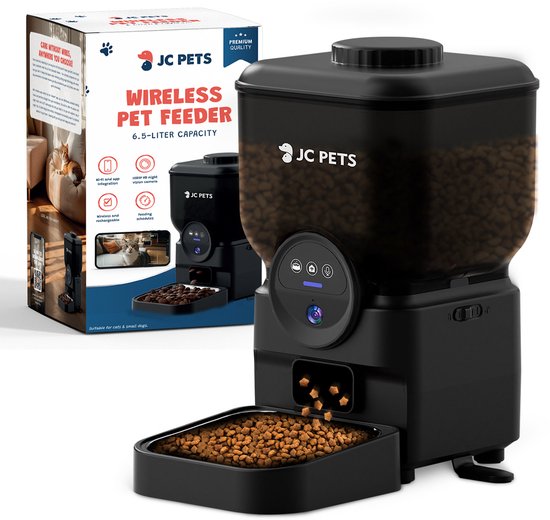 Foto: Jc pets draadloze automatische voerbak kat oplaadbare voerautomaat hond katten 6 5l automatische voerdispenser met app wifi hd camera night vision mat zwart